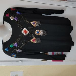 Vintage top Chelsea Way sequin fringe black red gold stretchable relaxed fit